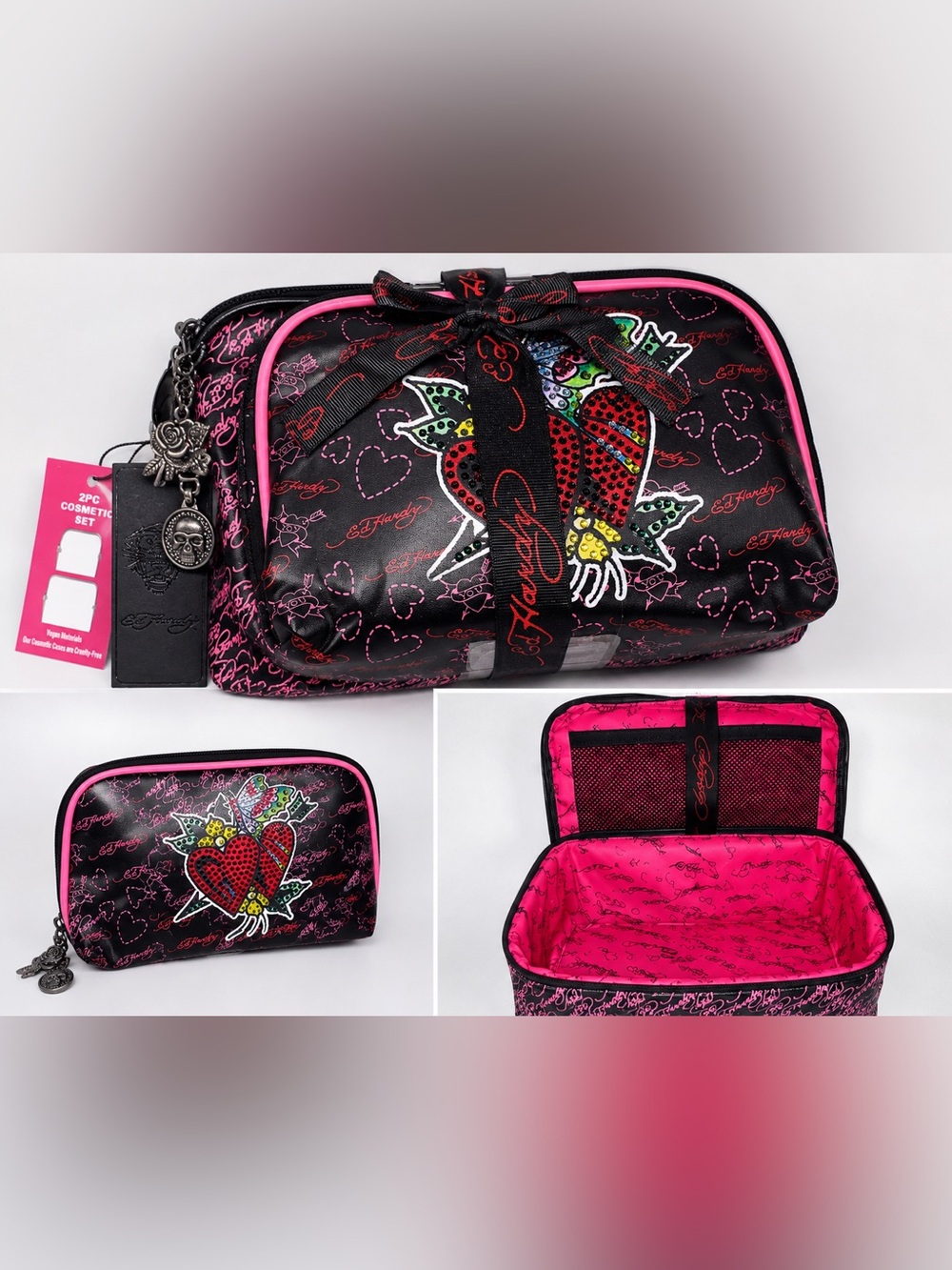 Ed Hardy 2PC Cosmetic Case Set Black Pink Rhinestone Heart Rose NWT